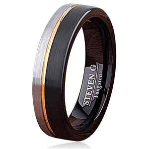 Tungsten Wedding Band 6mm Wide with Brush Finish and Black and Yellow Gold Plating