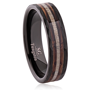 Tungsten Ring with Charred Oak Whiskey Barrel and Deer Antler Inlay - 6mm