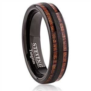 Tungsten Ring- 6mm Wide with Black Plating, Two Strips Koa Wood Inlay