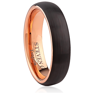 Tungsten Ring- 6mm, Domed Brushed with Black and Rose Gold IP Plating