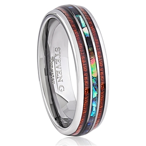 Domed Tungsten Ring with Abalone Shell and Koa Wood Inlay - 6mm Wide