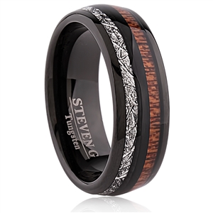 Tungsten Ring- 8mm Wide, IP Black Plated, with Crateva Nurvala Wood and  Man-Made Meteorite Inlay