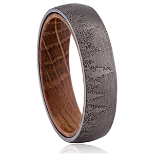 Pine Tree Design Tungsten Ring with Whisky Barrel Wood Interior - 6mm Wide