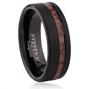 Tungsten Ring- 8mm Wide, with Black Plating and Koa Wood Inlay