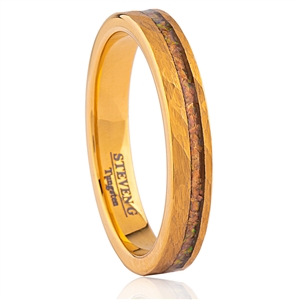 Tungsten Ring- 4mm, Flat with Groove Side, 1mm Groove with Crushed White Opal Inlaid, Groove Left Part 1mm, Right Part of Groove is 2mm, Full IP Gold Plated, Ring Sides and Inside Polished Shiny, Hammered Finished Surface.