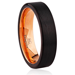 Tungsten Ring-6mm Wide with Black and Rose Gold IP Plate- Polished Shiny and Vertical Brushed