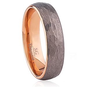 Tungsten Ring-6MM Wide-Domed, Hammered Surface, IP Rose Gold Plating Inside