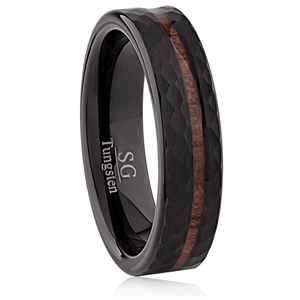 Tungsten Ring-6MM Wide-Flat with a Wood Inlaid, IP Black Plating, Hammered