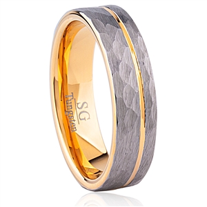 Tungsten Ring-6MM Wide, Flat Hammered Surface, Side Groove, IP Gold Plating Inside, Polished Shiny