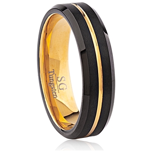 Tungsten Ring-6MM Wide, Beveled Black and Gold IP Plating, Satin Top Surface