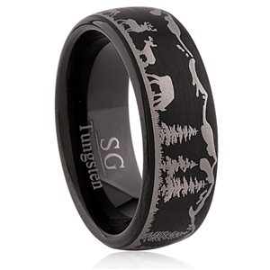 Tungsten Ring-8MM IP Black Plated, Brushed Surface with Deer, Trees and Mountains