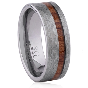 Tungsten Ring-8MM Wide with Padauk Wood, Flat Hammered Surface