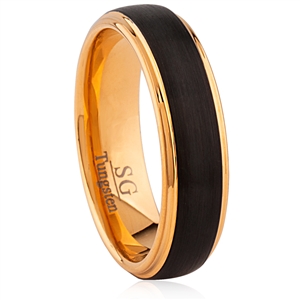 Tungsten Ring-6MM Wide with IP Black and Yellow Gold Plating, Step Edged, Polished Shiny and Vertical Brushed