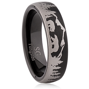 Tungsten Ring-6MM Wide. IP Black Plated, Brushed Surface with Bear, Trees and Mountains