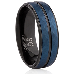 Tungsten Ring-8MM Wide with IP Black and Blue Plating, Hammered Groove Center