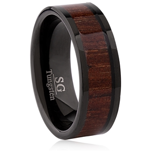 Tungsten Ring-8MM Wide- Flat Polished Shiny with IP Black Plating and Jichimu Wood