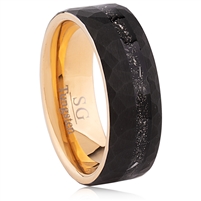 Tungsten Ring-8MM Wide with Flat Hammered Surface, IP Black plating, Man-Made Meteorite Inlaid and Yellow Gold Plating