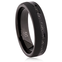 Tungsten Ring-6MM Wide. IP Matte Black Plating, Polished Shiny Inside, Man-Made Meteorite Inlaid