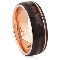 Tungsten Ring-7MM Wide. Side Groove with IP Black and Rose Gold Plating and Vietnamese Rosewood Inlaid