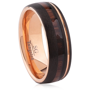 Tungsten Ring-7MM Wide. Side Groove with IP Black and Rose Gold Plating and Vietnamese Rosewood Inlaid