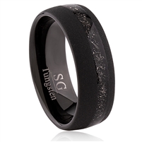 Tungsten Ring- 7MM Wide. Black Matte Finished, Polished Shiny Inside, Man-Made Meteorite Inlaid