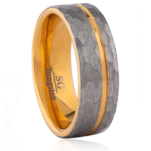 Tungsten Ring - 8MM Wide, Flat Hammered Surface, Side Groove, IP Gold Plating Inside
