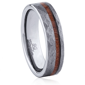 Tungsten Ring - 6MM Wide with Padauk Wood, Flat Hammered Surface