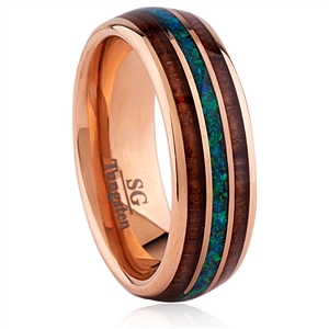 Rose Gold Tungsten Carbide Wedding Band with Blue-Green Opal and Padauk Wood Inlay
