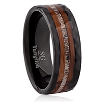 Charred Oak Whiskey Barrel and Deer Antler Inlay Tungsten Carbide Ring 8mm