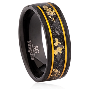 Yellow Gold Leaf & Meteorite Inlay Black Tungsten Wedding Ring Band 8mm
