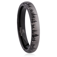 Tungsten Ring - 4mm, Domed, IP Black Plated, Brushed Surface with Tree Design