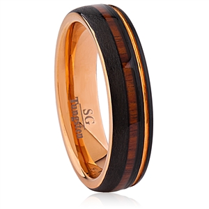 Black and Rose Gold Plated Tungsten Wedding Ring 6mm Wide with Rosewood Inlay