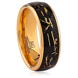 Yellow Gold Plated Tungsten Wedding Ring 8mm Wide with Gold Leaf and Sandstone