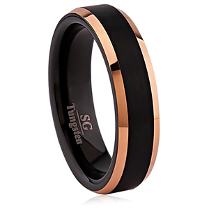 Black and Rose Gold Plated Tungsten Wedding Ring 6mm Wide with Brushed Surface