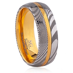 Damascus Steel and Yellow Gold Tungsten Wedding Ring 8mm Wide