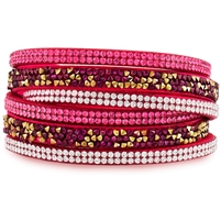 Fuchsia Leather Wrap Bracelet With White and Fuchsia Crystals