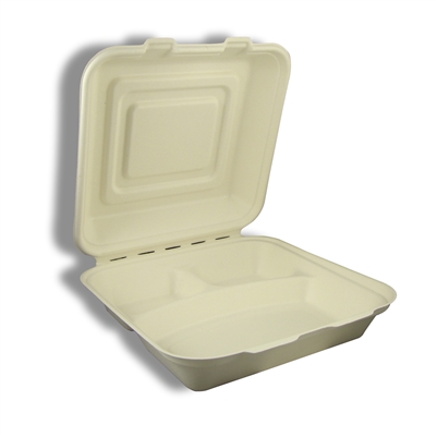 Compostable Bagasse Clamshell 9" x 9" x 3" (3 compartment) - Heavy Duty