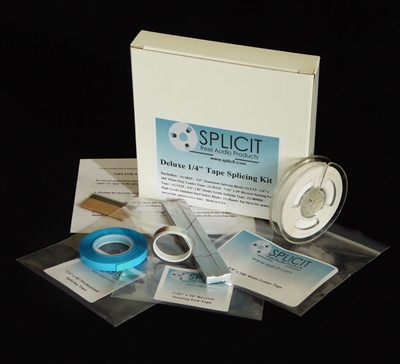 Deluxe 1/4" audio tape Splicing Kit showing 1/4" aluminum splicing block with two cut slots, one 1/4" x 82' roll of audio splicing tape, one 7/32" x 10' roll of reverse sensing foil tape, one 1/4" x 100' white leader tape and one razor blade