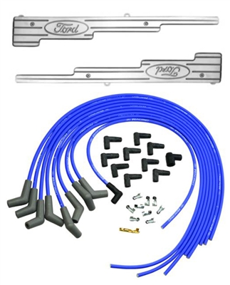 FORD RACING 9MM BLUE UNIVERSAL IGNITION WIRE SET WITH BILLET FORD OVAL LOGO WIRE LOOMS -- M-12259-C302K
