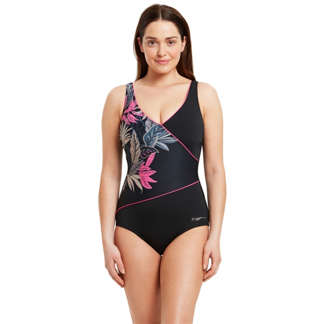 Zoggs Aruba Wrap Front One Piece Swimsuit. (Black/Tonal Print)