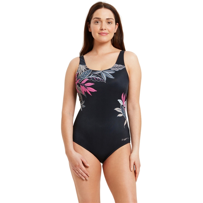 Zoggs Aruba Adjustable Scoopback One Piece Swimsuit. (Black/Floral Print)