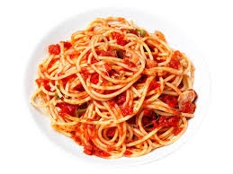 Spaghetti with marinara, capers, and olives