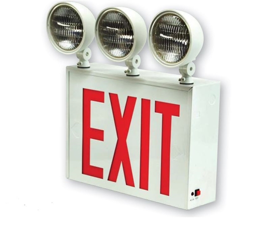 New York Approved LED Exit & Emergency Combo Light | Red Letters, White Housing, 12W Adjustable Heads | CNYXTE1RW-3