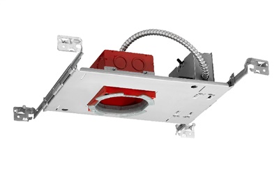 Juno IC1JBPF 07LM 120 FRPC Recessed Lighting 4" IC LED Fire-Rated Red Series New Construction Housing, 700 Lumens, 120 V Forward/Reverse Phase Cut, 5% Dim