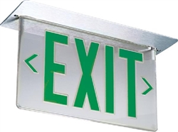 Lithonia LRP 1 GC RA 120/277 LED Edge Lit Exit Sign, Brushed Aluminum Housing, Green Letters on Clear Background, Right Directional Indicator, 120-277V