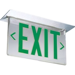 Lithonia LRP 2 GMR DA 120/277 EL N PNL LED Edge Lit Exit Sign, Brushed Aluminum Housing, Double Face, Green on Mirror Letters, Double Face Directional Indicators, 120/277V, Ni-Cd Battery, Ceiling or Back Mount, Complete Exit Panel