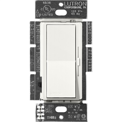 Lutron DVSCCL-253P-RW Diva Satin 600W Incandescent, 250W CFL or LED Single Pole / 3-Way Dimmer in Architectural White