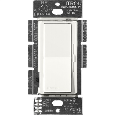 Lutron DVSCFSQ-LF-GL Diva 1.5 A Fan Speed ControlWith 1.0 A LED or CFL and 2.0 A Incandescent/Halogen Single Pole Switch in Glacier White