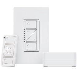 Lutron P-BDG-PKG1W Caseta Smart Bridge Control Interface and Caseta Wireless Starter Kit (Pico Controller + In-Wall Dimmer + Faceplate) in White