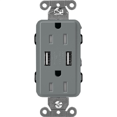 Lutron SCR-15-UBTR-SLClaro 15A Dual USB Receptacle, Tamper Resistant in Slate